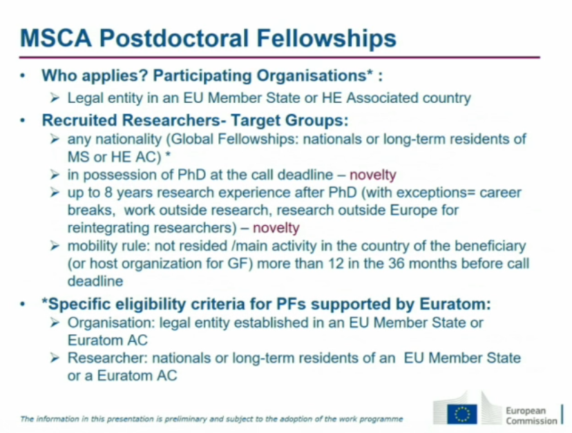 b_p_cahill's tweet photo. .@MSCActions Individual Fellowships becomes "Postdoctoral Fellowships" in #horizoneurope. 
➡️No Career Restart/Society&amp;Enterprise/Panels. Two options: Global &amp; European
➡️Max. 8 yrs since PhD with exceptions
➡️PhD required at deadline
➡Proposals scored below 70% can't resubmit https://t.co/y4xadxHV4e
