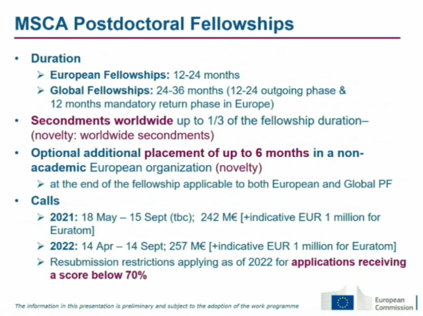 b_p_cahill's tweet photo. .@MSCActions Individual Fellowships becomes "Postdoctoral Fellowships" in #horizoneurope. 
➡️No Career Restart/Society&amp;Enterprise/Panels. Two options: Global &amp; European
➡️Max. 8 yrs since PhD with exceptions
➡️PhD required at deadline
➡Proposals scored below 70% can't resubmit https://t.co/y4xadxHV4e