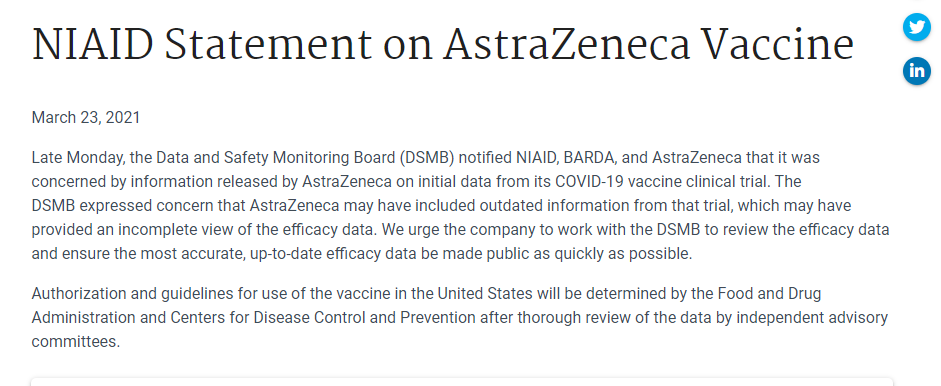 LindseyMastis's tweet photo. #ABC7AlertDesk: Here is the statement released by the US Federal Government on concerns AstraZeneca may have used "outdated information" that could give an "incomplete view" of the efficacy data. I've reached out to NIAID for further clarification. https://t.co/92geeetPUa