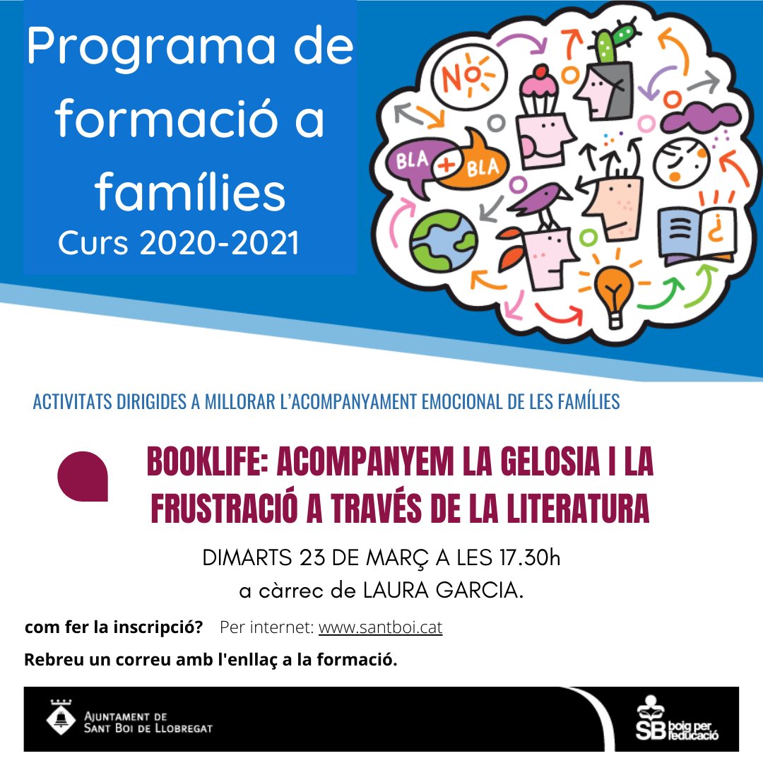 SBEducadora's tweet photo. Aquesta tarda tenim el segon taller del Programa de formació a famílies amb la Laura Garcia, 'Booklife: acompanyem la gelosia i la frustració a través de la literatura'. Inscripcions a https://t.co/7VNEmc7G28 #SantBoi #SBCiutatEducadora https://t.co/y9u8YacNGX