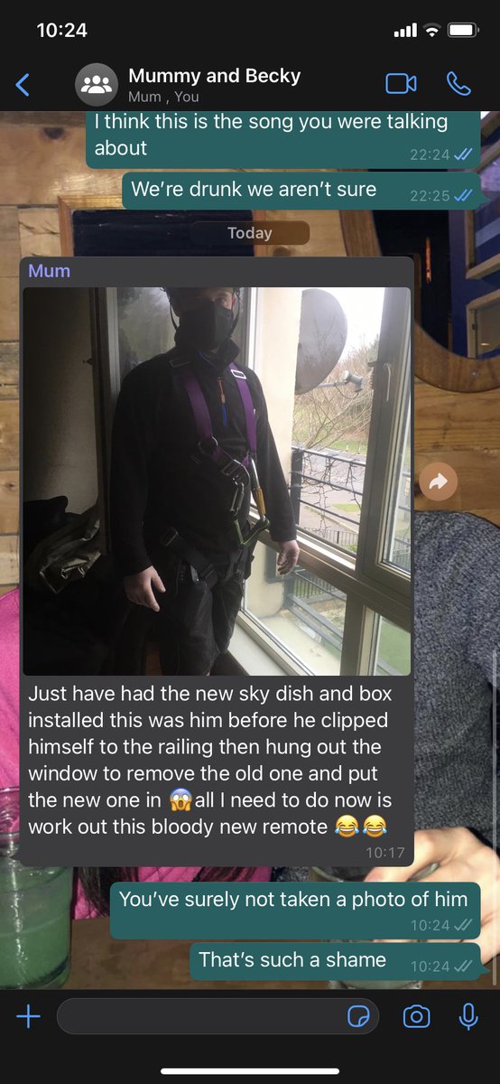 BeckyCossar's tweet photo. I honestly can’t 🤣🤣🤣mums getting a new skybox put in and she’s sent my a picture of the guy before he climbed out the window to fix the dish😭😭😭the second hand embarrassment for that guy is so real https://t.co/40WktwQh8k