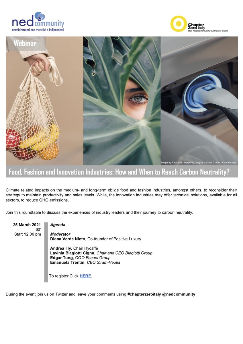 Come stanno lavorando le aziende del #madeinItaly per azzerare le emissioni di gas serra? Se ne parla il 25 marzo al webinar di #chapterzeroitaly per il #ClimateGovernanceGlobalSummit.
Per partecipare: zoom.us/webinar/regist…