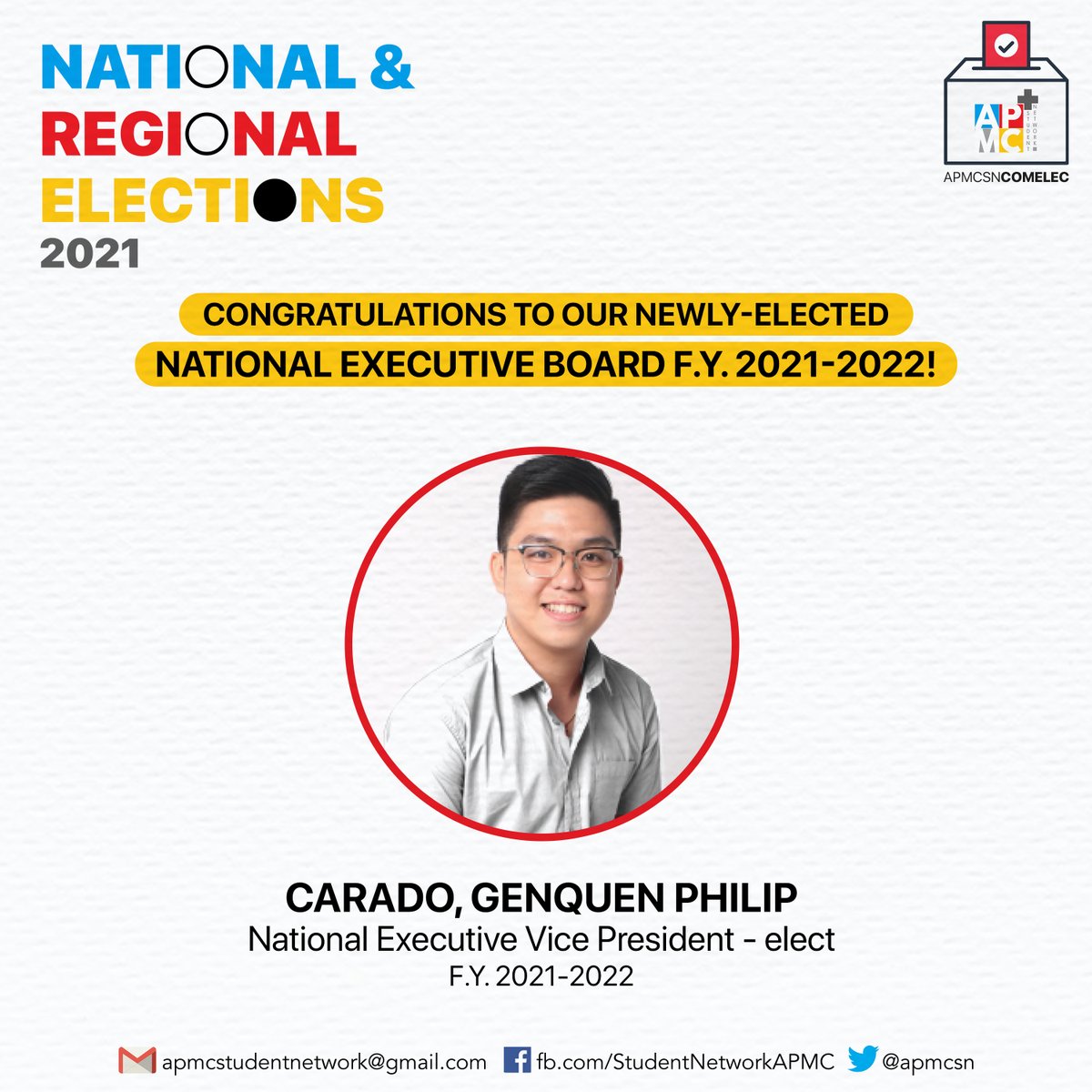 apmcsn's tweet photo. National Executive Vice President-elect:
Genquen Philip Carado (UERMMMCI)
#IgniteAPMCSN #APMCSN20Years #APMCSNElections2021 https://t.co/hQWLqt71Xv