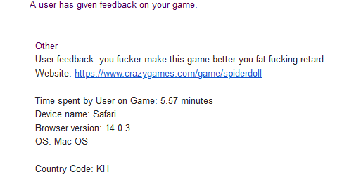 YannickGameDev's tweet photo. Oh the lovely feedback😂
He must have really enjoyed his 6 minutes of not even making it through the tutorial 😅
#gamedev https://t.co/65FtrDN6Il