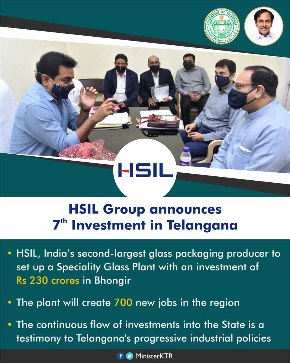 Telangana Government continues to attract major investments into the State. HSIL Group announces setting up of a Speciality Glass Plant in Bhongir with an outlay of ₹230 Crore. The firm will create 700 new jobs in the region.