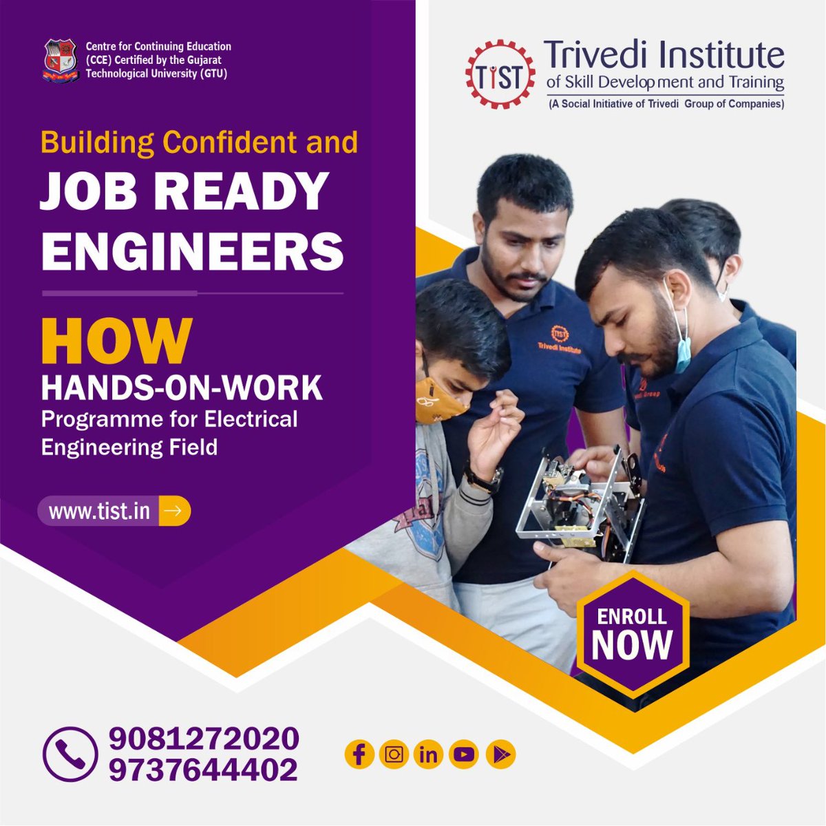 TIST_Trivedi's tweet photo. Hurry, Register Now for the 4th Batch of HOW(Hands-on-Work) job ready programme for Electrical Engineering Field and get a job in reputed company through campus interview. 
Fore more detail call on 9081272020
For registration click on link: https://t.co/hEg1f1OOuT https://t.co/Mtd5CmIRXG