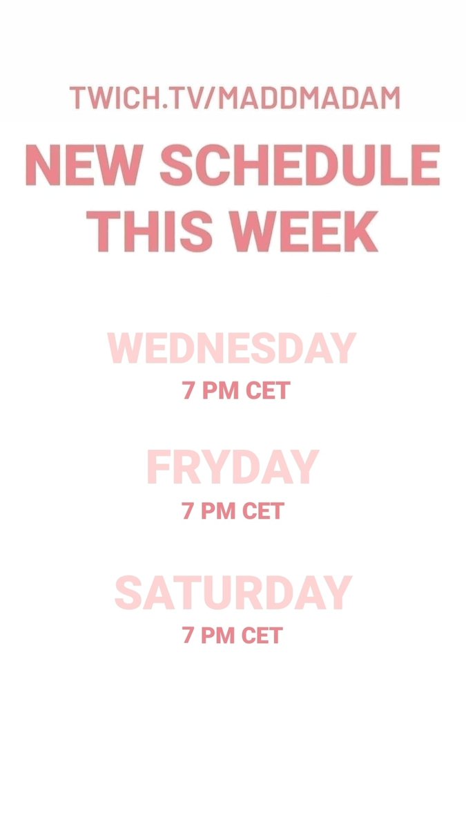 Lol_Madd's tweet photo. ♡NEW SCHEDULE FOR THIS WEEK!!! See you then!♡
#twitchkittens #twich #schedule #goal2021 #horrorgames #horror #PS4 #playstation4
#vrps4 #scary #Vr #vrchat #games #followers
#support #dreams #skyrim #beatsaber #scedule #friday #FiveNightsAtFreddys
#weekend #pistolwhip https://t.co/Y7RXXrMsJt