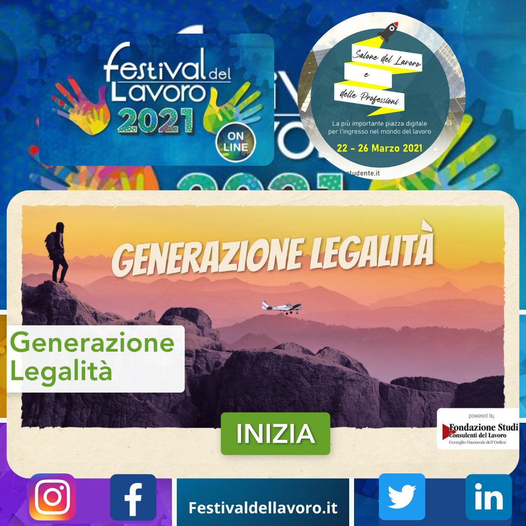 🚀 Sei pronto a partire per le missioni di #GenerazioneLegalità? Si inizia oggi 🏁 

Gioca ora 🎮festivaldellavoro.it/il-mese-della-…

👉 Segui questa settimana gli eventi del #MesedellaLegalità al #Salonedellavoro <a href="/SaloneStudente/">SalonedelloStudente</a> fino al #festivaldellavoro2021 🗓 28 e 29 aprile