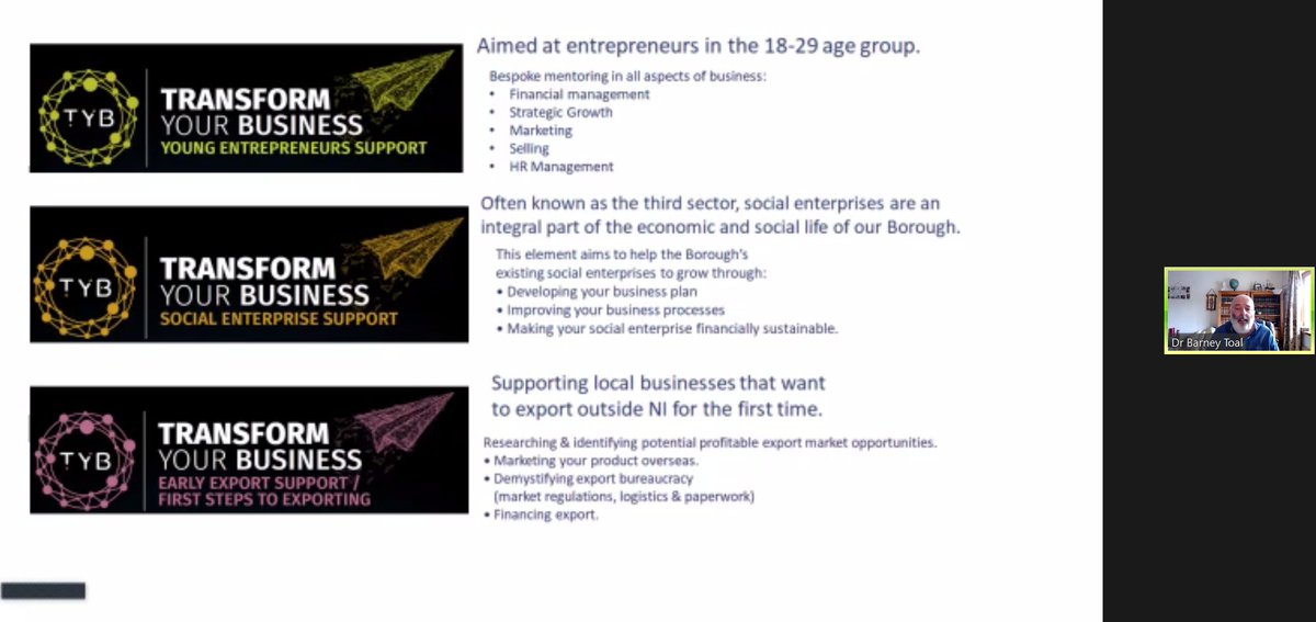 abcb_council's tweet photo. Getting to the focal point of today's #TransformYourBusiness launch, #BarneyToal highlights the Programme's six streams of support:
#YoungEntreprenuers #EarlyExport #DigitalTransformation #SocialEnterprise #Innovation #DigiTech
@InvestNI @InnovatorNI https://t.co/nztQ8pJAvE