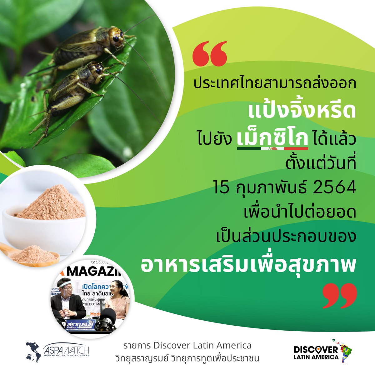 AspaWatch's tweet photo. กรมอเมริกาฯ ขอเชิญชมรายการ Discover Latin America ตอน "จิ้งหรีดไทยไปไกลถึงเม็กซิโก" แขกรับเชิญ คือ นายธนภูมิ ลีลาภรณ์ นักการทูตชำนาญการ ดำเนินรายการโดย นางสาวทิพาพร อรรถศิวานนท์ นักการทูตปฏิบัติการ รับชมที่ : https://t.co/II2XreJS55 #AspaWatch #DiscoverLatinAmerica #Saranromradio https://t.co/Z9iCdLF4Ec