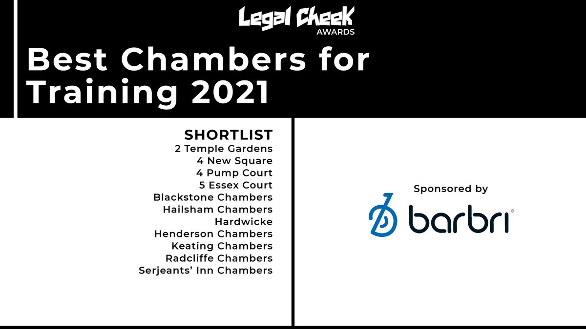 Here is the #LegalCheekAwards shortlist for 'Best Chambers for Training 2021', sponsored by <a href="/barbri/">BARBRI</a> ⬇️ The winner will be announced at our virtual Awards ceremony this Thursday 🏆🎉🍾