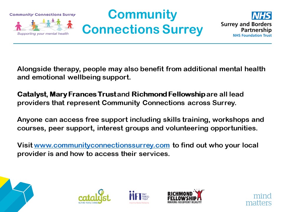 We help people access emotional #wellbeing support in their local area through Community Connections providers such as <a href="/CATALYSTethos/">Catalyst Support</a> <a href="/MaryFrancesTrst/">Mary Frances Trust</a>  @rfmentalhealth who provide 1-1 support, activities, courses, crisis support (Safe Havens) and much more. Take a look! #Surrey