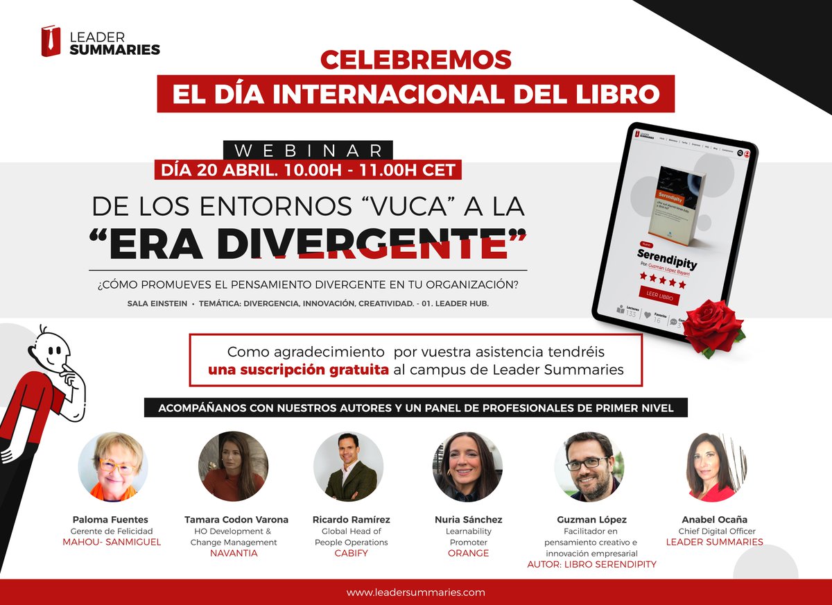 📣SAVE THE DATE. 20 abril - 10-11 CET.⏰! WEBINAR.

🥳En Leader Summaries conmemorando el DÍA INTERNACIONAL DEL LIBRO📚🌹queremos INVITARTE  al estreno exclusivo del primer “#01.Leader Hub”

💺¡Clika aquí y reserva tu plaza: leaderhub.leadersummaries.com