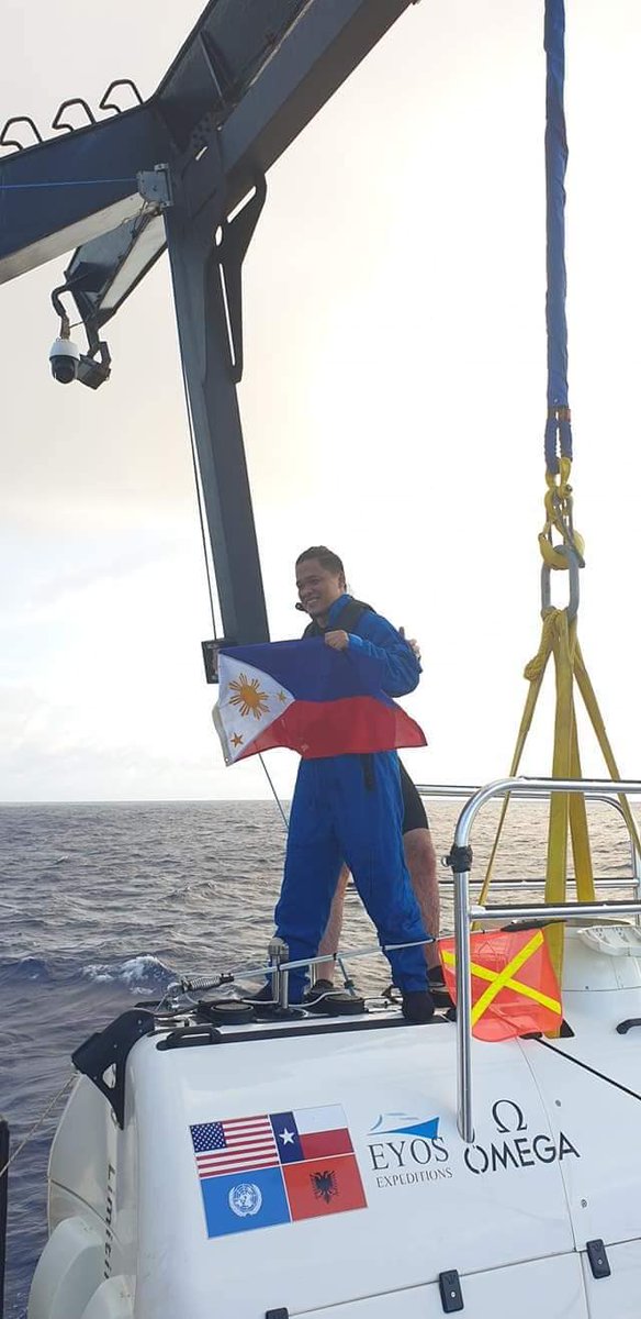 up_msi's tweet photo. DSV Limiting Factor is back on the  surface! 
In the photo are Dr. Deo Florence Onda @savedeocean  and Mr. Victor Vescovo after the successful ascent from the Emden Deep. 
Photo courtesy of DSSV Pressure Drop
#IntoTheEmdenDeep https://t.co/hB8i8bOzXx