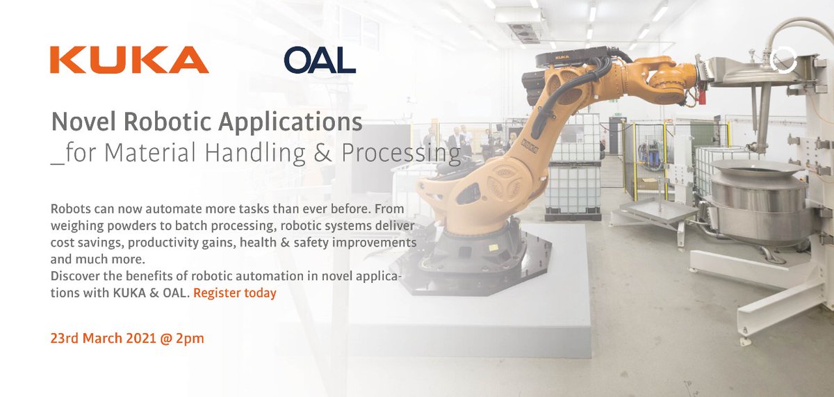 OALgroup's tweet image. Last call! TODAY you&apos;re invited to our FREE online event w/ @KUKA_UK! At 14.00 (GMT) @JakeINorman &amp;amp; @neilmead will discuss how #APRILRobotics transforms your operations to save money, increase productivity &amp;amp; protect your people. 
#robotics #automation
oalgroup.com/events/novel-a…