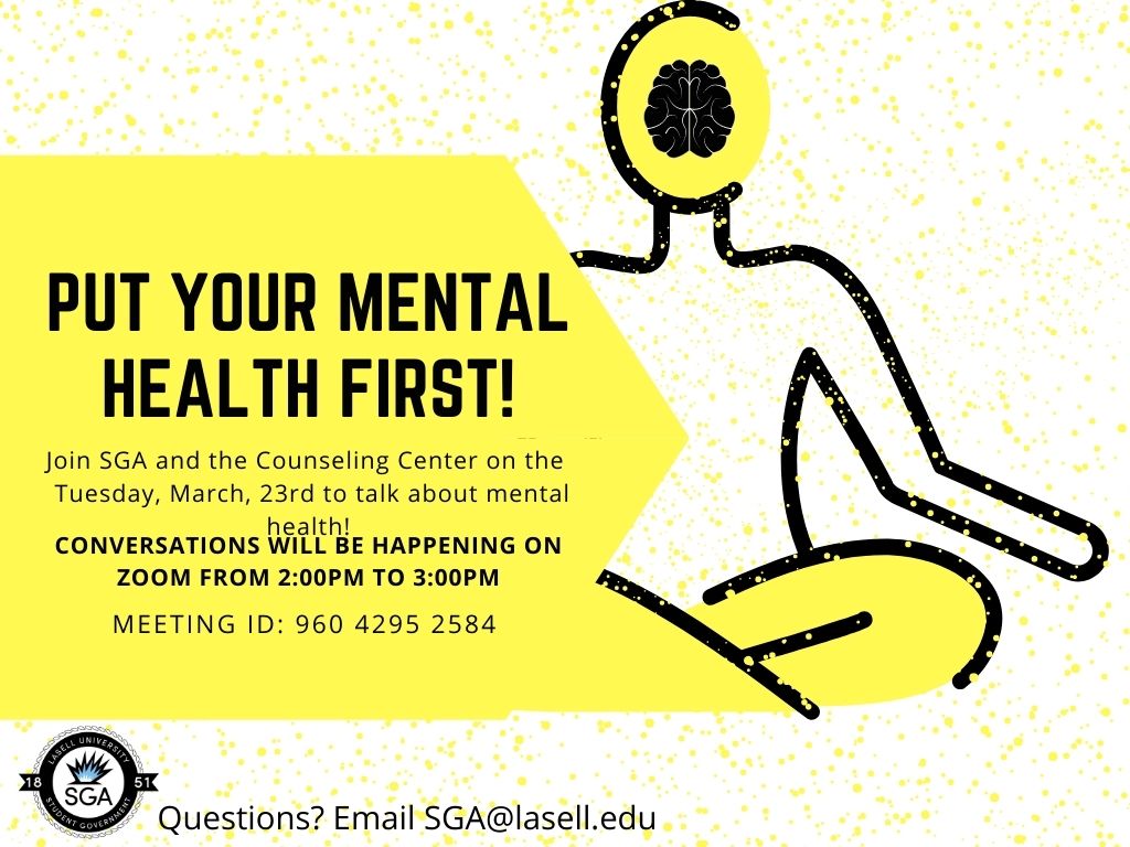 LU_activities's tweet photo. Join SGA and the Counseling Center today from 2-3pm to talk about putting your mental health first, see you there! https://t.co/VZM5IDqRP7