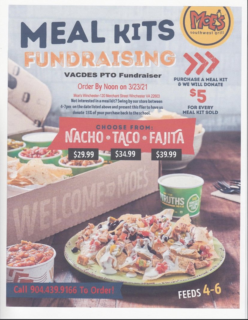 Tonight is our fundraiser at Moe’s!!!! Don’t forget to mention you’re with VACDES when placing your order today from 4-7 pm. 

*If you would like a meal kit you must call (904) 439-9166 by noon today.

Thanks for your support!!