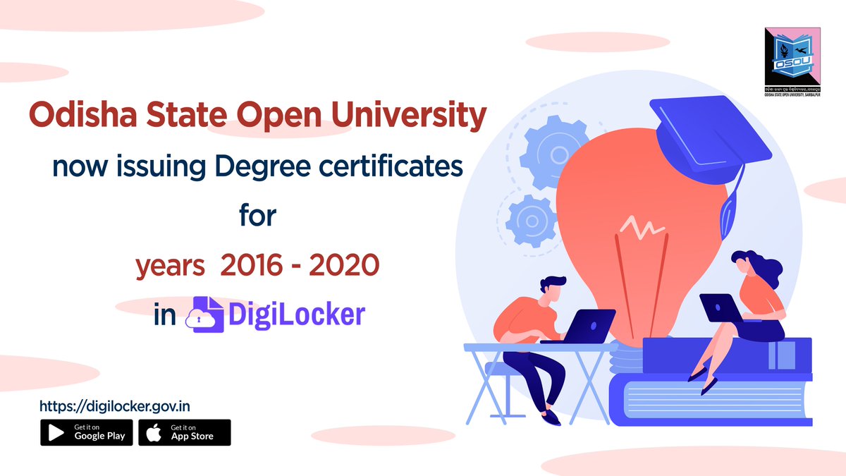 digilocker_ind's tweet image. Odisha State Open University (#OSOU), Sambalpur is now issuing Digital Degree Certificates for all courses for years 2016-20 via DigiLocker.