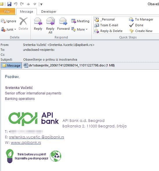 IT_klinika's tweet photo. Ponovo je aktuelna phishing kampanja usmerena na klijente API banke!

U naslovu poruke piše „Obavestenje o prilivu iz inostranstva“, a u prilogu poruke je maliciozni fajl. Ne otvarajte prilog emaila!

https://t.co/9vngxGisNO

#phishingscams #phishingemails #phishing #serbia https://t.co/XMkXvCigZ5