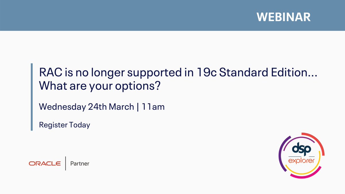 Explorerukltd's tweet image. Time is running out to register for tomorrow&apos;s #webinar!

If you&apos;re utilising #RAC on 19c #OracleSE, this webinar is for you!

bit.ly/3eykU7a

@oracleemeaps #OracleDatabase #OraclePartner