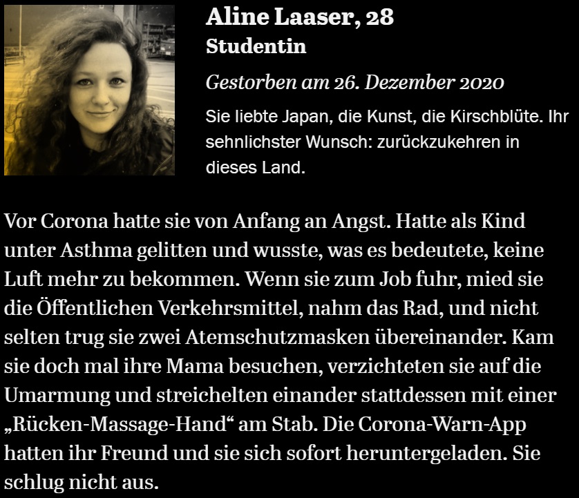 SidneyGennies's tweet photo. Aline Laaser, 28, ist eine von 3000 Berlinerinnen und Berlinern, die nie wieder Ostern mit ihren Familien feiern. Nie wieder im Café sitzen. Nie wieder in den Urlaub fliegen. Nie wieder ins Theater gehen. Im @Tagesspiegel erinnern wir an sie. https://t.co/JN3POhzU1Q https://t.co/RAa72UtUP8