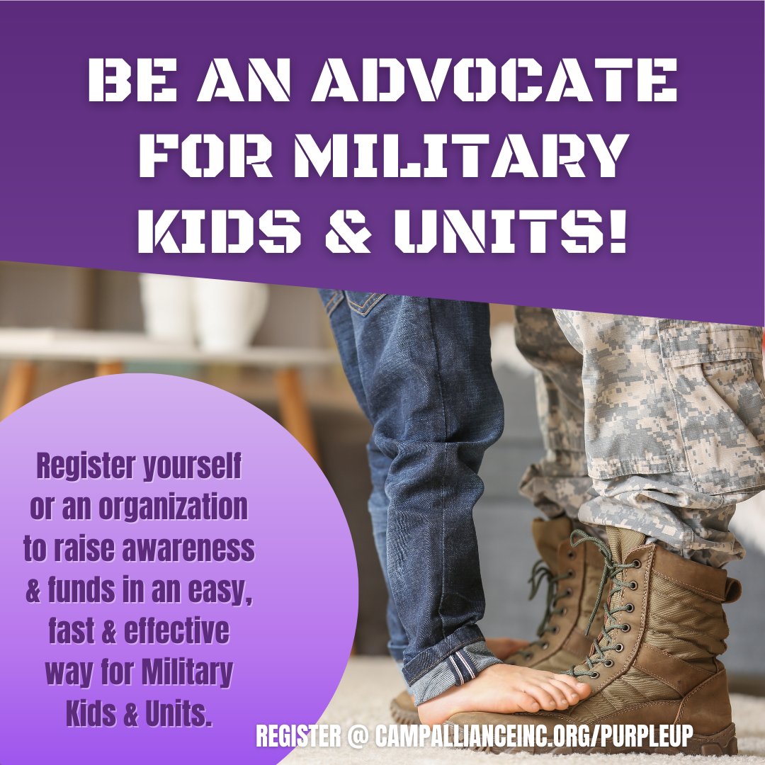 Approximately 2 million military children have experienced a parental deployment since 2001. The repeated &amp; extended separations compound stressors in military children's lives. Join us &amp; show your support by becoming an advocate today! campallianceinc.org/purpleup?platf…