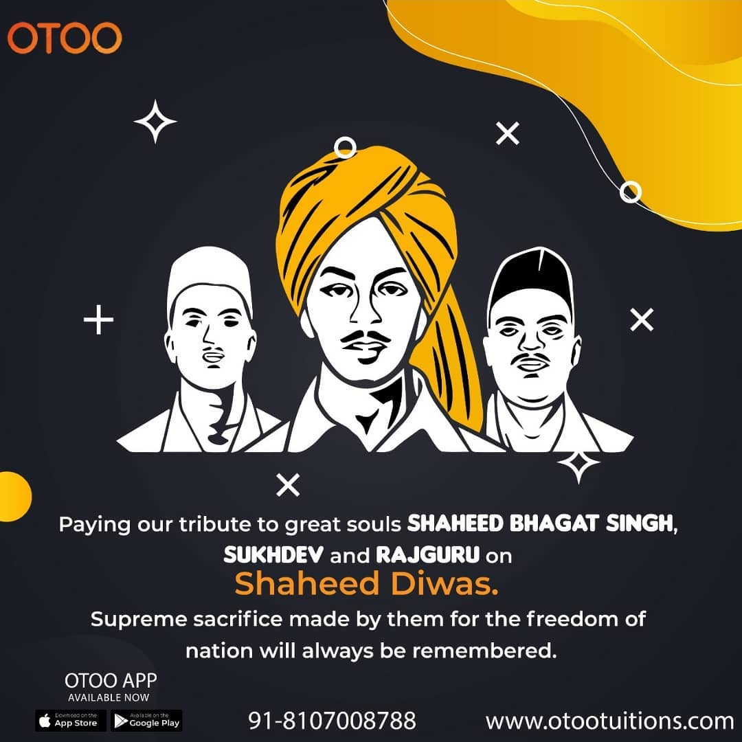 OTOOtuitions's tweet photo. Salute to our Freedom fighters for the sacrifice made by them🙏 Jai Hind🇮🇳

Vande Mataram 🇮🇳

#shaheeddiwas #martyersday #freedomfightersofindia #freedom #indian #bhagatsingh #sukhdev #rajguru #indiansoldiers #fightforwhatyouwant #indiannation  #salutetonation #salute #sacrifice https://t.co/nRhyihkSlV
