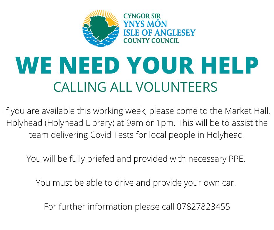 Isle of Anglesey County Council (@angleseycouncil) on Twitter photo We're looking for more volunteers to help us distribute the Coronavirus testing kits in Holyhead this week.
Can you help #KeepHolyIslandSafe ?
<a href="/NWPAnglesey/">NWP Anglesey</a> @MonFMRadio <a href="/Mon_Actif/">MonActif</a> <a href="/MedrwnMon/">Medrwn Môn</a> We're looking for more volunteers to help us distribute the Coronavirus testing kits in Holyhead this week.
Can you help #KeepHolyIslandSafe ?
<a href="/NWPAnglesey/">NWP Anglesey</a> @MonFMRadio <a href="/Mon_Actif/">MonActif</a> <a href="/MedrwnMon/">Medrwn Môn</a>