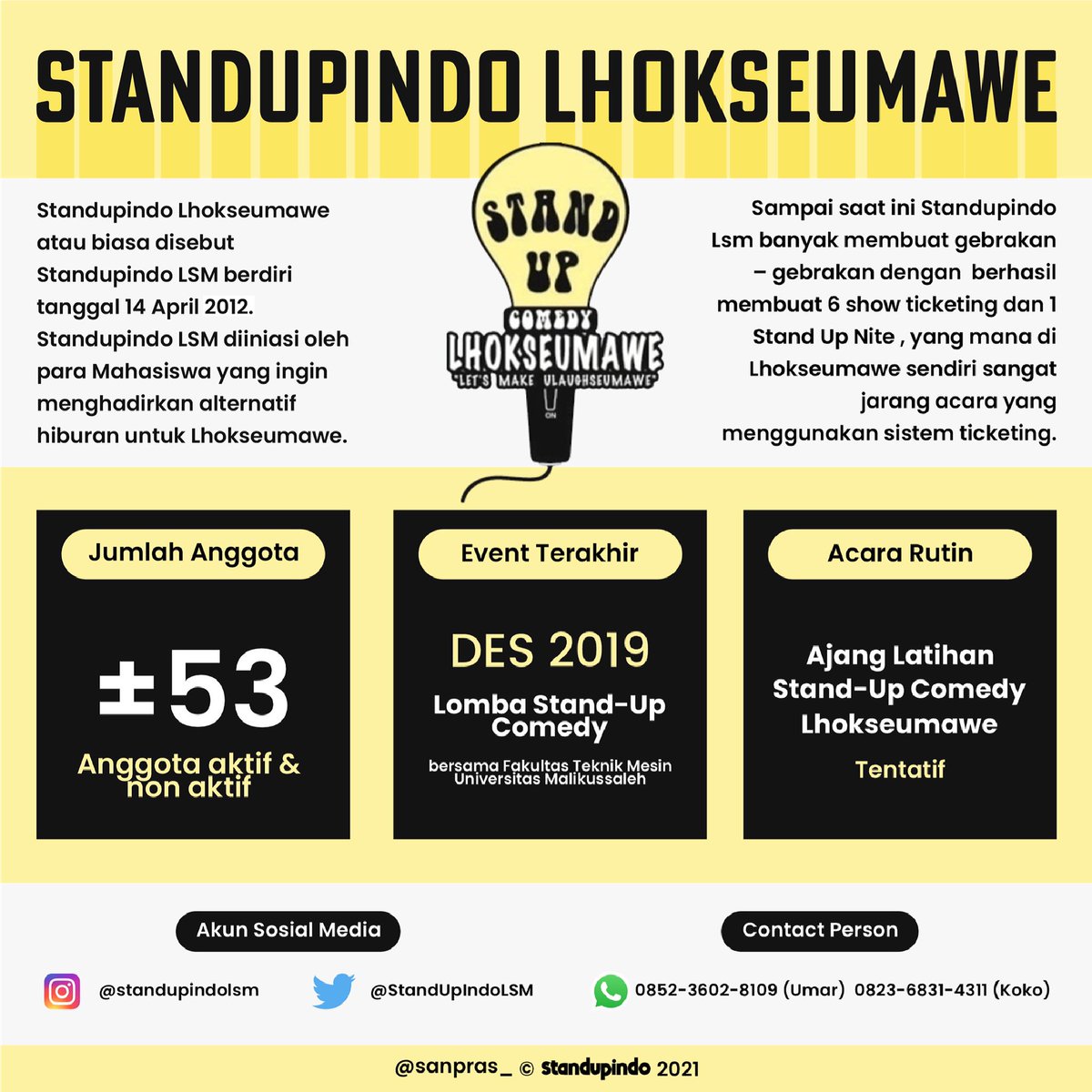Standupindo's tweet photo. Berlanjut ke Lhokseumawe.

@StandUpIndoLSM bukan Lembaga Swadaya Masyarakat namun komunitas Standup Lhokseumawe pada 14 april 2012 didirikan oleh teman-teman mahasiswa. Menggebrak kebiasaan acara gratis dengan menyelenggarakan Stand Up Show berbayar.
#Lhokseumawe #standupindolsm https://t.co/Az6VCfNKLW