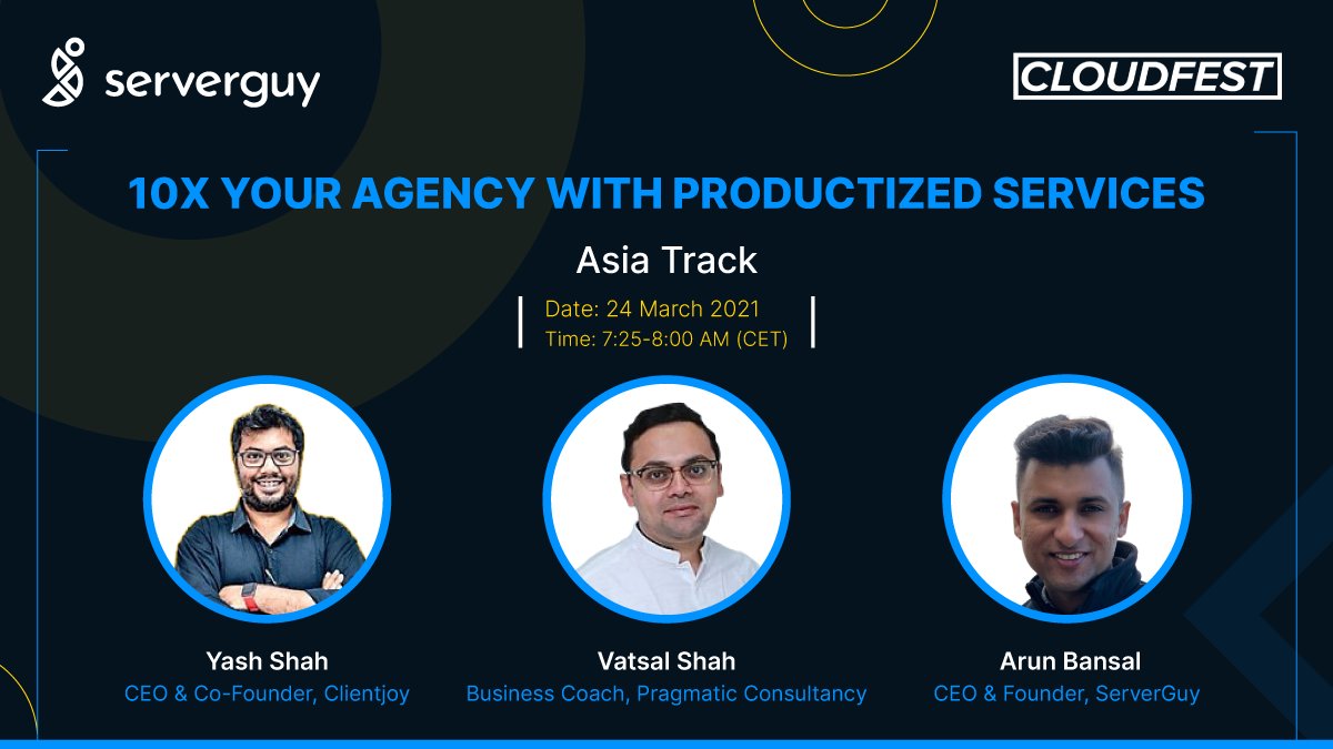 ArunBansal's tweet photo. Excited to be a part of the panel discussion with @vatsalshah and @yashparallel at the @cloudfest 2021 global event.
We will be discussing the use of productized services for Agency growth on the Asia track.
Register to join: https://t.co/eITgFK18N3
#cloudfest #serverguy https://t.co/QKohQQjyZa
