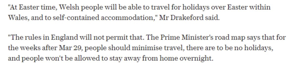 timdavies1973's tweet photo. @turningleftfor @AdamWagner1 Yes. Agreed. It’ll be interesting to see how this plays out - as the Welsh first minister has been clear on multiple occasions that he is relying on ENGLISH rules to prevent people entering Wales when he opens up self-contained accommodation from 29th March. https://t.co/SmNAzVJsxw