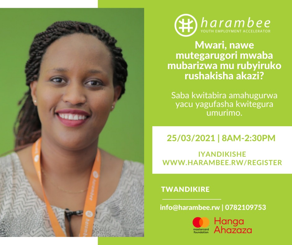 Employmentcentr's tweet photo. Uri mu bari cg abategarugori bashakisha akazi? @HarambeeRw yaguteguriye amahugurwa tariki 25 Werurwe 2021 kuva 8AM-2:30PM akaguha ubumenyi: umwirondoro, uko watsinda ikizami cyo kuvuga, uko waba intyoza mu Cyongereza...Iyandikishe: https://t.co/JjgkiUnGes
#Harambee #HangaAhazaza https://t.co/Yuav1U8otn