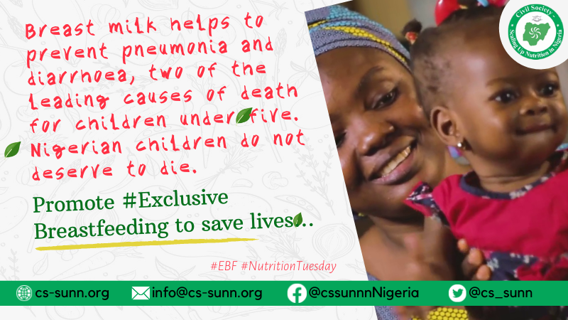 Breast milk helps to prevent pneumonia and diarrhoea, two of the leading causes of death for children under five. #Nigerian children do not deserve to die. Promote #Exclusive Breastfeeding to save lives… #EBF   #NutritionTuesday