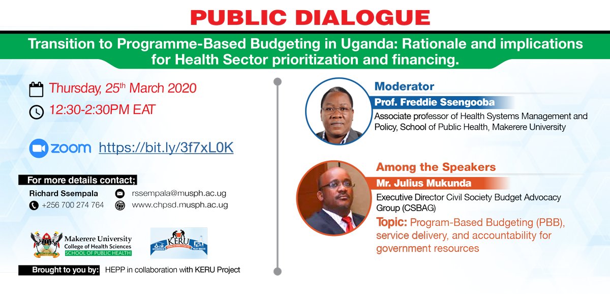 MakSPH's tweet photo. 𝗧𝗛𝗘 𝗣𝗔𝗡𝗘𝗟: Mr.@JuliusMukunda, Executive Director, Civil Society Budget Advocacy Group (@CSBAGUGANDA). He will be discussing Program-Based Budgeting (PBB), service delivery, and accountability for government resources #HealthSectorFinancing https://t.co/FQg3CGmGAz
