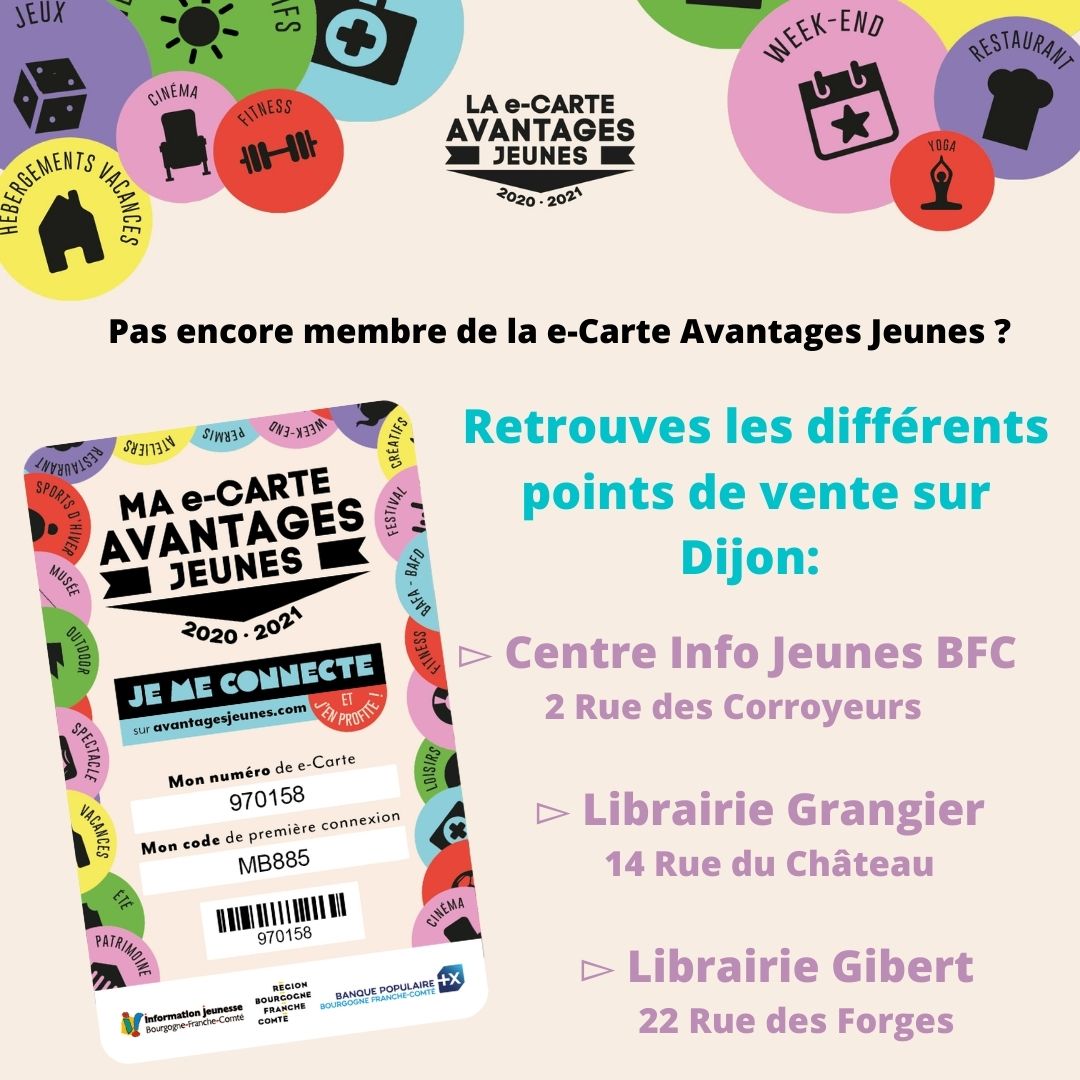Pas encore membre de la e-Carte Avantages Jeunes ? Rejoins-nous vite et fonces dans l'un des 3 points de ventes sur 📍 Dijon récupérer ta e-Carte 🚸 

⚠️ Tu peux également commander directement ta carte via le site avantagesjeunes.com