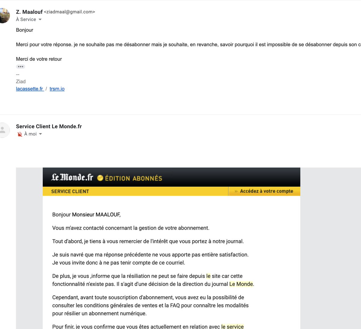 ziadmaalouf's tweet photo. Quelques jours après avoir écrit ce tweet, le service abonnement du journal @Lemonde a résilié mon abonnement alors que j'avais bien expliqué que je voulais rester abonné.  Je savais qu'ils n'étaient pas très classes mais là... c'est un peu bas cc @decodeurs https://t.co/08RorMpWYF