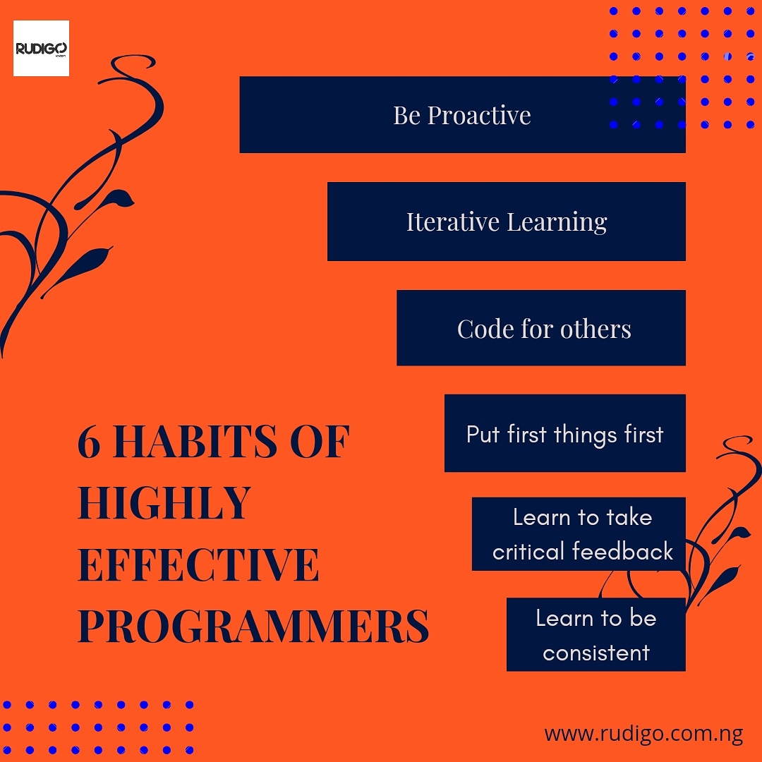 ThisIsRudigo's tweet image. For you to excel as a programmer, you need to adopt  effective habits! Here are six (6) of these hairs you can adopt! 

Remember, #codeworkscodersrock💪 

#developer #webdesign #coding #programming #code #programminglife #webdevelopment #portharcourtspecials #portharcourtvendors