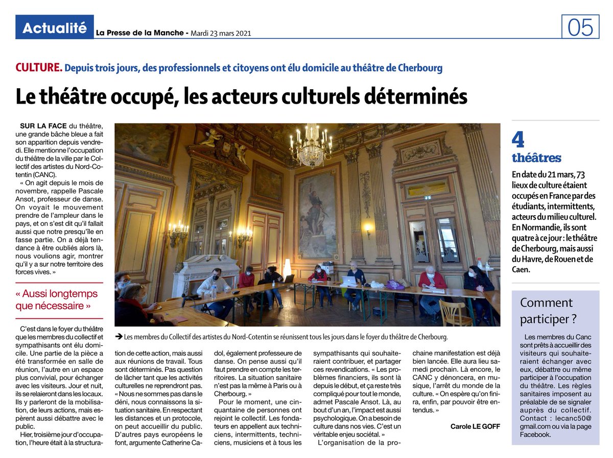 canc_cherbourg's tweet photo. Le Collectif d'Artistes (CANC) a besoin de TOUS.
#TridentOQP #cherbourg #cotentin #culturesacrifiée #théâtre #théâtreoccupé #intermitents #spectaclevivant #culturepourtous #printempsinexorable #feuvertpourlaculture #OccupationPartout
@CherbourgEnCot @TridentSN @RegionNormandie https://t.co/Kj79p05Iaq