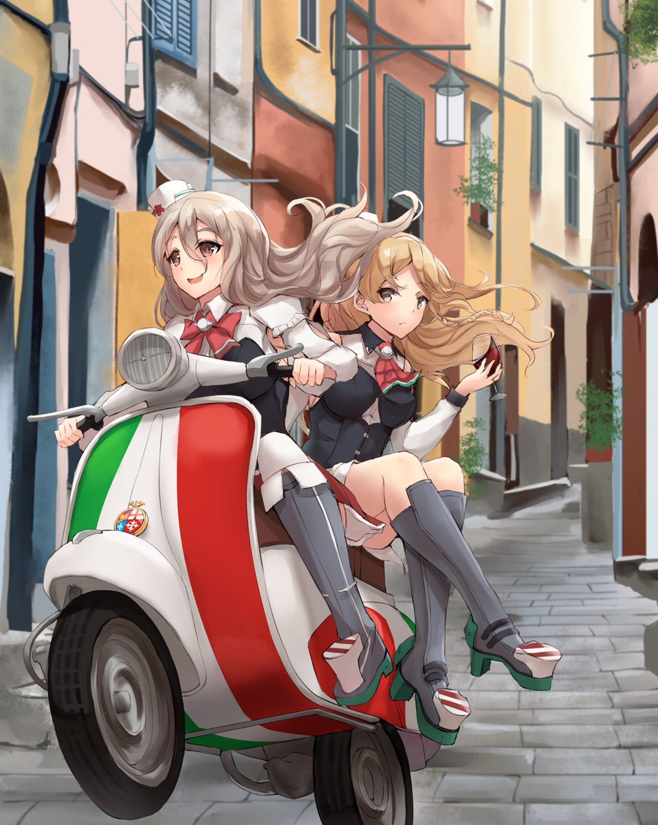 pola (kancolle) ,zara (kancolle) multiple girls 2girls ground vehicle motor vehicle blonde hair long hair wavy hair  illustration images