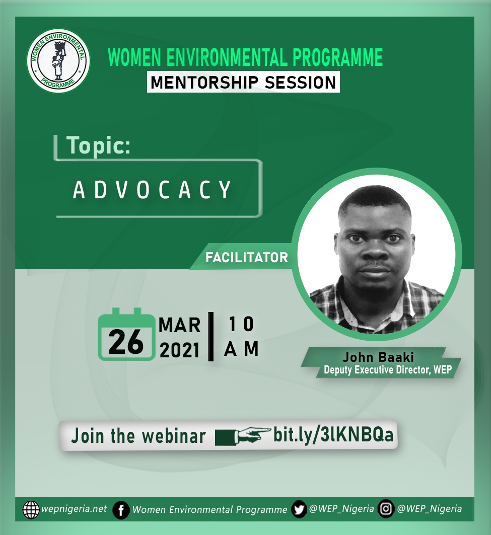 WEP_Nigeria's tweet photo. Our Mentorship meeting this month will feature a discussion on "Advocacy". Join our mentees as we deliberate on Friday, 26th March 2021 by 10am.
Meeting link 👇🏾
https://t.co/u5Yn6sd0hM https://t.co/mLSyXmVjBA