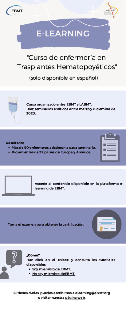 TheEBMT's tweet photo. Did you attend any of our ten #LABMT webinars in 2020? 💻 Take this opportunity to test out of and receive a diploma for our new #nurses e-course ⚕️ "Curso de enfermería en Trasplantes Hematopoyéticos" available in Spanish on the #EBMT E-learning Platform! @LABMT2 @TheEBMT_Nurses https://t.co/mQVnAstsdN