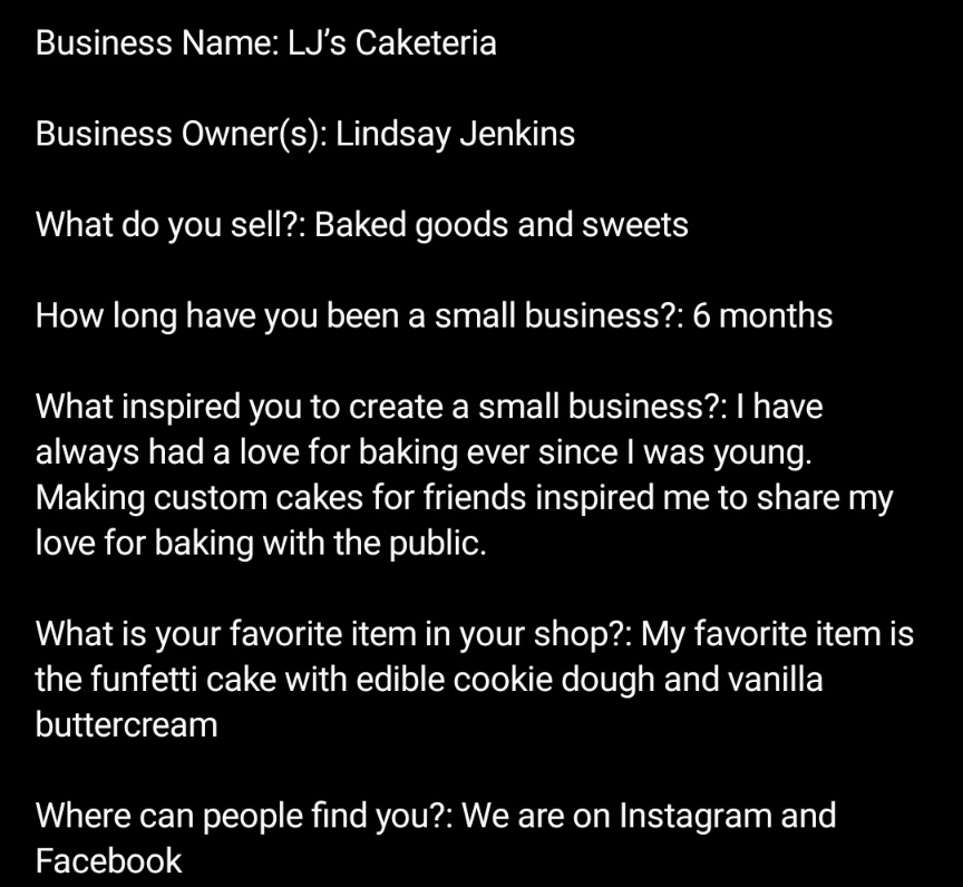 HhminiT's tweet photo. This week for out small business spot light is LJ's Caketeria!!
You can find them on Facebook and Insta: @lj_scaketeria 
https://t.co/KhnHT1nL1N(link tree)
20% of there profits go to mini-thon!!💙💚 https://t.co/ZNH6ZQHK30