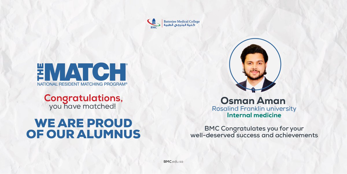 Bmcjed's tweet photo. Congratulations 🎉 to our #BMC Alumnus Dr. Osman Aman. For matching in internal medicine residency training program  #nrmp at @RFUniversity 
.
 #rfum 
#bmc 
#كلية_البترجي_الطبية https://t.co/uAHooxVZcz