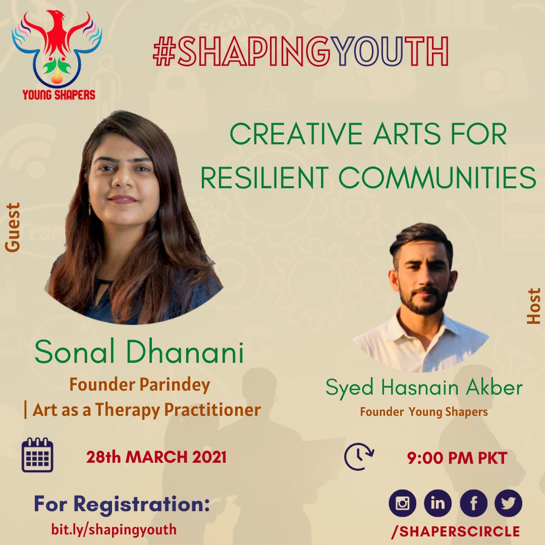 shaperscircle's tweet photo. Proud to announce that our twelfth trainer Sonal Dhanani, Founder Parindey and Art as a Therapy Practitioner, will be speaking on "Creative Arts for Resilient Communities!'' hosted by our Founder Syed Hasnain Akber!🤩🔥
Date: 28th March 2021
Register now:https://t.co/k8J9Smr71k https://t.co/5VeFJei6VL