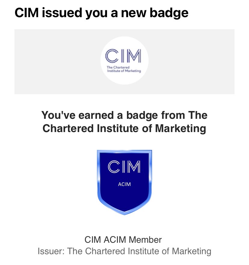 CPmarketing2016's tweet photo. My new badge of honour, and I’m very proud to wear it! Accredited, affiliated and qualified through the Chartered Institute of Marketing - their excellent standards continue through my current practices https://t.co/LgYegVEUqx