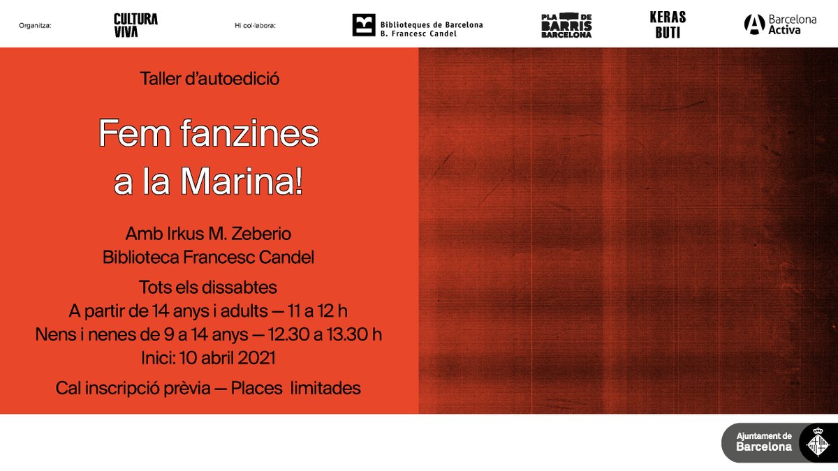 A partir del 10 d'abril obrim a la #BibliotecaFrancescCandel de #laMarina un taller de fanzines, que serà un espai per experimentar amb el dibuix i l'(auto)edició de la mà de l'autor de còmics i impressor, i màquina total, #IrkusMZeberio.