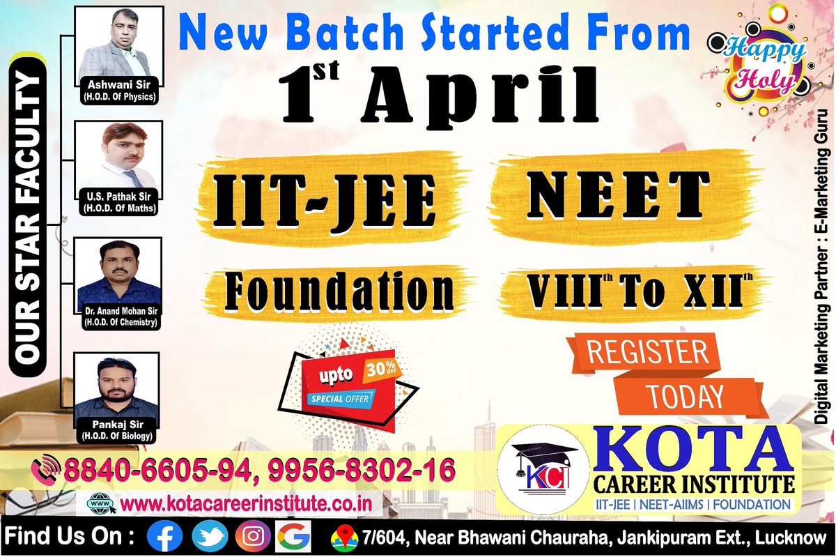 kci_kotacareer's tweet photo. New Batch Started From 1st April
For #IITJEE , #NEET , #Foundation & #VIIIth to #XIIth
Hurry Up!! Register Today & Get Discount upto 30℅ on fees
#KotaCareerInstitute #Lucknow https://t.co/mfGBlafzjH