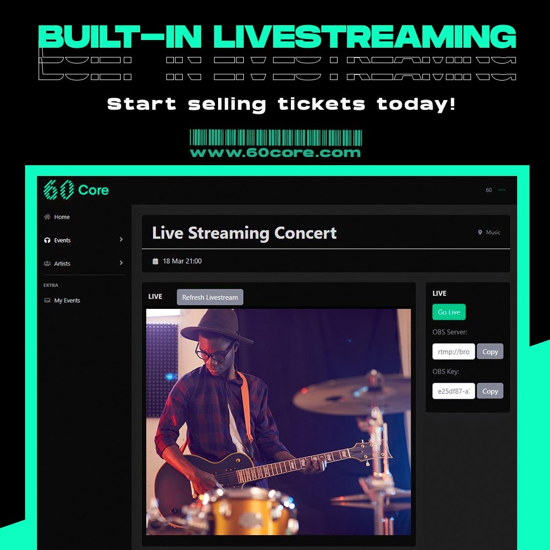60core's tweet photo. Introducing 60 Core — Livestreaming and ticketing in one place. The perfect combination for artists who want to monetize their shows! 🎤 
Go live directly from your event page.🔥

Sign up 👉🏽 https://t.co/jzAdehzpvP #60core https://t.co/IZJ3TtMu1Y
