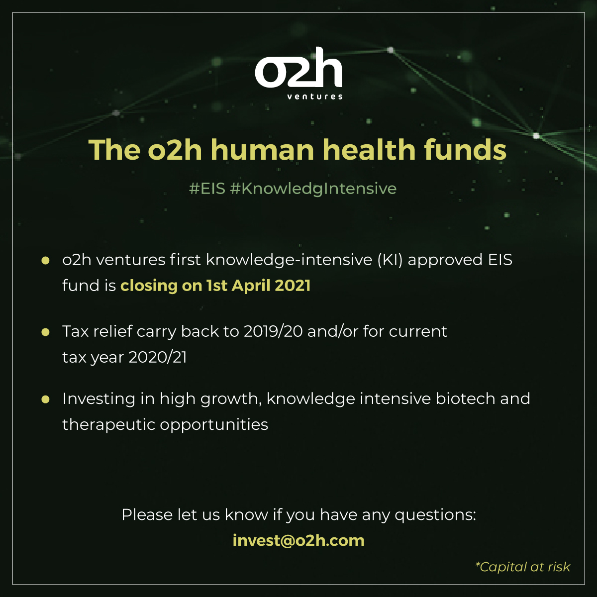 o2hgroup's tweet photo. Invest smart… the o2h human health #KnowledgeIntensive #EIS fund allows you to carry back EIS relief to 2019/20, or have the benefit of #investing in this current year.

For more information speak to our team : invest@o2h.com

*capital at risk

#Innovation #UKBusiness #Biotech https://t.co/qTh3bV79Sc