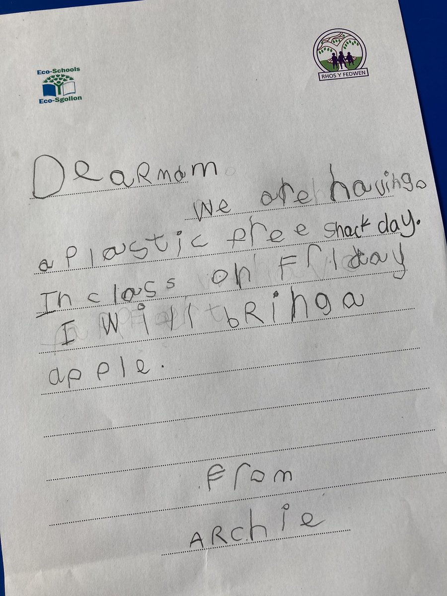 RyfMelyn21's tweet photo. Our letters home to our Mums explaining all about our #PlasticFreeSnackDay on Friday 26th March. We are using our voice to make a change @rhosyfedwen #RyfArticle6 #RyfArticle12 πππππ #LeavePlasticAtHome @InspireUglobal @EcoSchools_TW https://t.co/HqCYTMwgrX